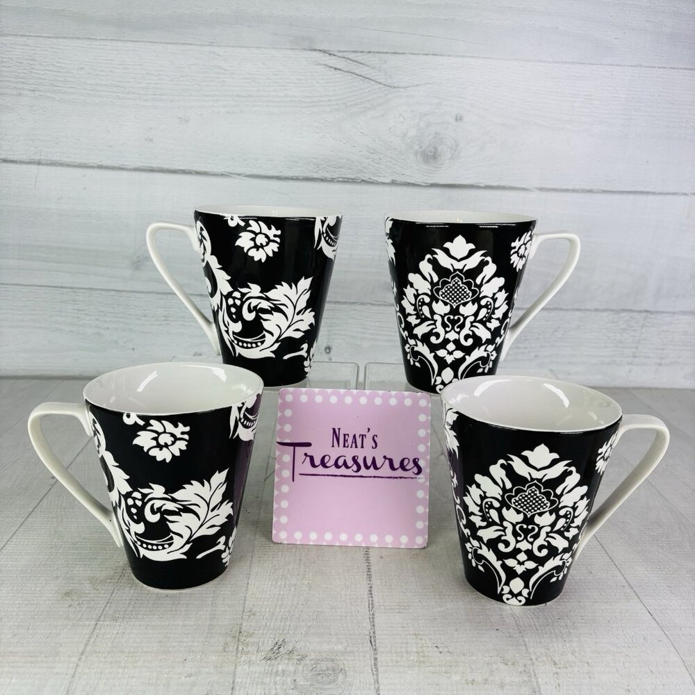 Home Target DAMASK Black White Scroll Floral Stoneware Flare Top Cups Mugs Set 4